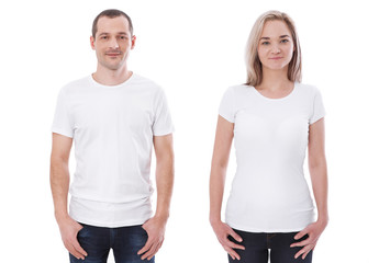 T-shirt design fashion concept, closeup of woman and man in blank white t-shirt, shirt front isolated. Mock up.