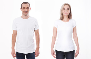 T-shirt design fashion concept, closeup of woman and man in blank white t-shirt, shirt front...