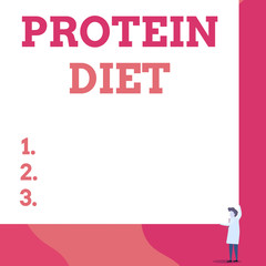 Writing note showing Protein Diet. Business concept for low in fat or carbohydrate consumption weight loss plan One man professor wear white coat red tie hold big board use two hands