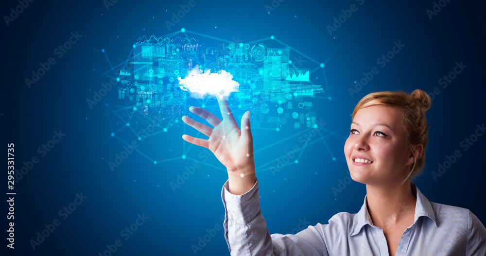 Poster Woman touching hologram projection displaying information from cloud based system