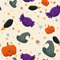 Cute Pattern with Pumpkins, Witch Hats, Candies and Pens, Vector Illustration