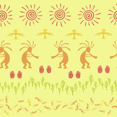 Mythical, design with gecko, Kokopelli fertility god, sun, bird, cacti.