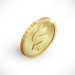 Isometric gold coin icon dollar sign realistic