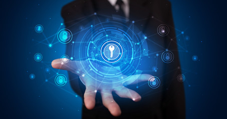 Young person holding hologram screen displaying security infomartions