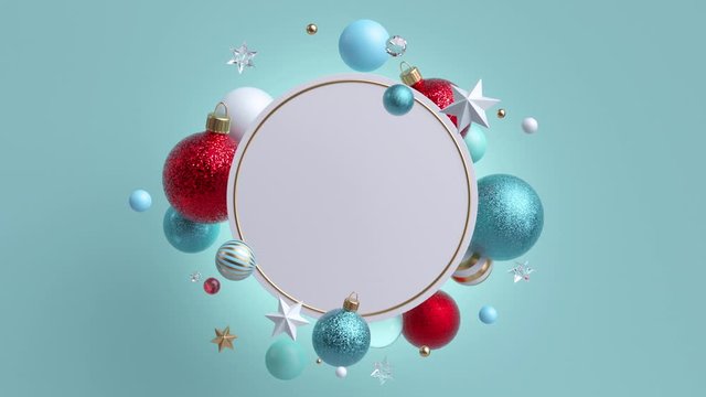 3d Christmas background with ornaments. Flying decorative glass balls. Rotating frame, blank round banner with copy space.