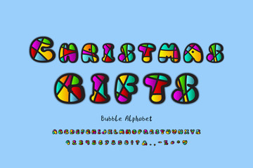 Original bubble vector alphabet. Bright Christmas typeface with mosaic pattern. Retro 3D typography. Capital letters and numbers. Multicolor font for Christmas design