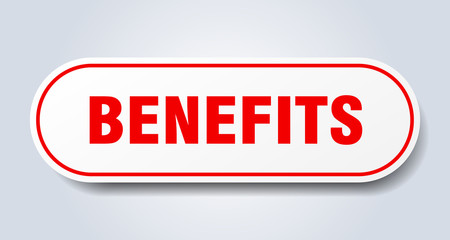 benefits sign. benefits rounded red sticker. benefits