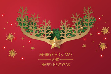 Merry Christmas and Happy New Year. Christmas greeting card in red background with Christmas antlers made by Pine leaves and decoration.