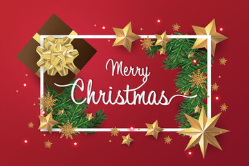 Merry Christmas and Happy New Year. Christmas greeting card in red background with gift box and decoration.