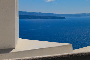 Minimalistic blue and white sea geometric landscape from greek island santorini. Mediterranean vacations.
