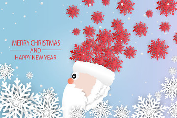Merry Christmas and Happy New Year. Santa Claus head made by red snowflakes in pastel background.