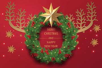 Merry Christmas and Happy New Year. Christmas greeting card in red background with Christmas antlers made by Christmas wealth.
