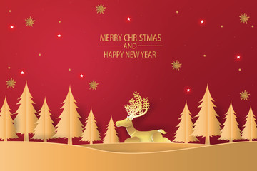 Merry Christmas and Happy New Year. Christmas greeting card in red background with reindeer and Christmas tree.