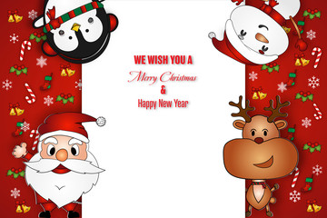 Paper art and cut stype of Merry Christmas and Happy New Year celebration with x’mas element on red background as Holiday Concept. Vector illustration EPS10.