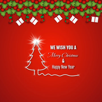 Paper art and cut stype of Merry Christmas and Happy New Year celebration with x’mas element on red background as Holiday Concept. Vector illustration EPS10.