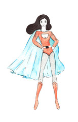 Illustration color drawing watercolor super heroes with accessories and weapons on a white isolated background