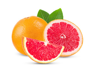 pink orange or grapefruit with leaf isolated on white background . full depth of field