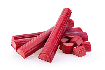 Rhubarb stalks on a white background