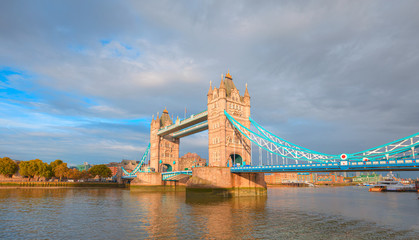 Fototapeta na wymiar Panorama of the Tower Bridge and Tower of London on Thames river - London, United Kingdom