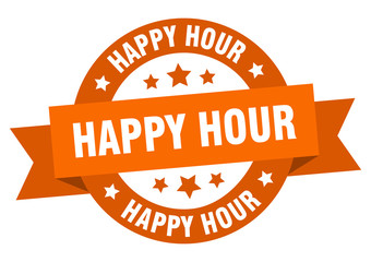 happy hour ribbon. happy hour round orange sign. happy hour