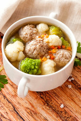 Hot thick soup with meatballs and cabbage mix.