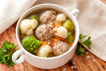 Hot thick soup with meatballs and cabbage mix.
