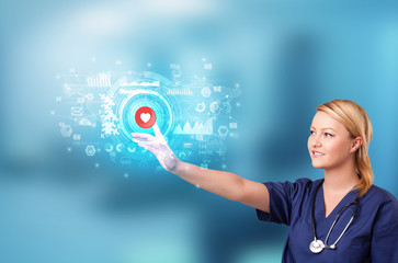 Doctor touching hologram screen displaying medical symbols and charts