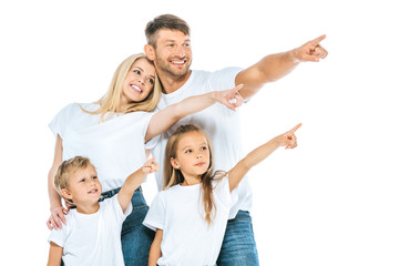 Fototapeta na wymiar cheerful family pointing with fingers isolated on white