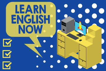 Writing note showing Learn English Now. Business concept for gain or acquire knowledge and skill of english language Desktop station drawers personal computer launching rocket