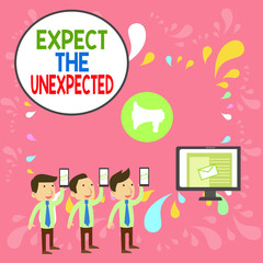 Word writing text Expect The Unexpected. Business photo showcasing Anything can Happen Consider all Possible Events SMS Email Marketing Media Audience Attraction Personal Computer Loudspeaker