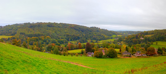 Panorama of the countryside in Wales with green field - View of green fields and farmlands in rural North Wales