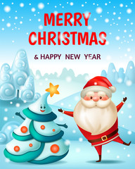 Fototapeta na wymiar Chinese new year. Dance christmas tree and Santa Claus. 3d vector cartoon illustration.