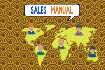 Conceptual hand writing showing Sales Manual. Concept meaning set of printed materials containing product descriptions Connection multiethnic persons all Global business earth map