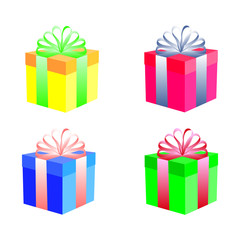 Four gift boxes with bows. Blue, yellow, raspberry, green colors. Isolated. Vector illustration
