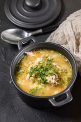 Barley soup with vegetables and chicken.
