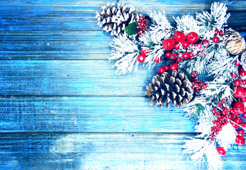 winter background with fir branches cones and snow