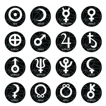Astrological symbols of the planets for the horoscope and natal chart. Signs Sun, Moon, Mercury, Venus, Earth, Mars, Jupiter, Saturn, Uranus, Neptune, Pluto, Lilith, Ceres, Rahu, Ketu, Chiron.