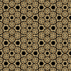 Illustration Art of Beautiful Geometric Kaleidoscope  Abstract Seamless Pattern or Texture in Gold Color on Black Background for Interior / Exterior Works, Background, Backdrop, or Wallpaper.