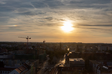 The setting sun over Szczecin. Summer time