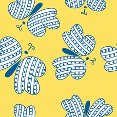 Seamless pattern with butterfly on yellow background, vector illustration