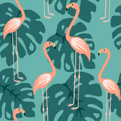 Obraz premium Pink Flamingo Seamless Pattern Bacground, Tropical Flamingo Surface Pattern, Repeat Pattern for Home Decor, Textile Design, Fabric Printing, Stationary, Packaging, Wall paper or Wrapping Paper