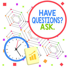 Fototapeta premium Handwriting text Have Questions Question Ask. Conceptual photo asking someone respond you with feedback Layout Wall Clock Notepad with Escalating Bar Graph and Arrow Pointing Up