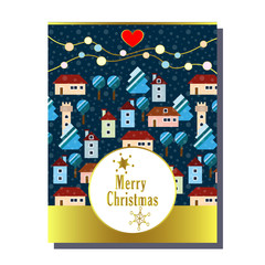 greeting invitation card template design with winter houses and graphic trees, design for banner, flyer, invitation, poster, web site or greeting card. Vector illustration