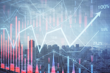 Forex graph on city view with skyscrapers background multi exposure. Financial analysis concept.
