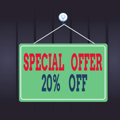 Writing note showing Special Offer 20 Percent Off. Business concept for Discounts promotion Sales Retail Marketing Offer Memo reminder empty board attached background rectangle