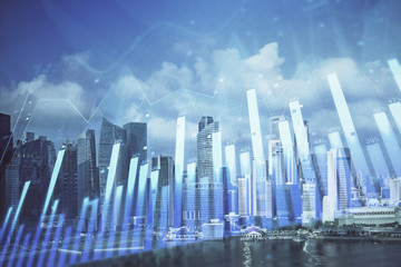 Forex chart on cityscape with skyscrapers wallpaper multi exposure. Financial research concept.