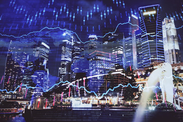 Fototapeta na wymiar Financial chart on city scape with tall buildings background multi exposure. Analysis concept.