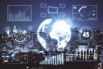 Double exposure of forex chart drawings over cityscape background. Concept of success.
