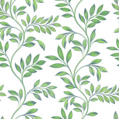 Seamless hand-drawn graphic leaves pattern garden wallpaper on a white background. Vintage floral background. Botanical illustration.
