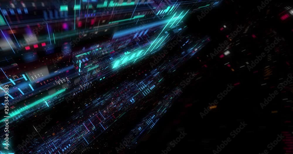 Poster seamless fly through of abstract circuitry with digital grid background, data deep learning computer
